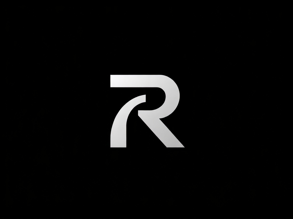 A sleek logo mark combining a stylized 'R' with a wireless signal arc, monochrome, minimalistic, high-end feel, on a dark gradient background, photorealistic, 8k, commercial photography style.